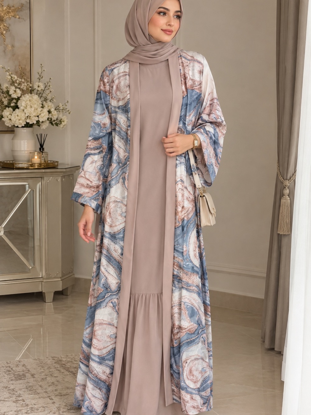 Modest Marble-Print Kimono Abaya in Blue & Taupe